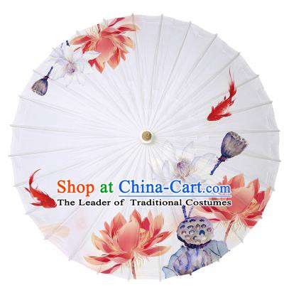 Chinese Handmade Paper Umbrella Folk Dance Hand Printing Lotus White Oil-paper Umbrella Yangko Umbrella