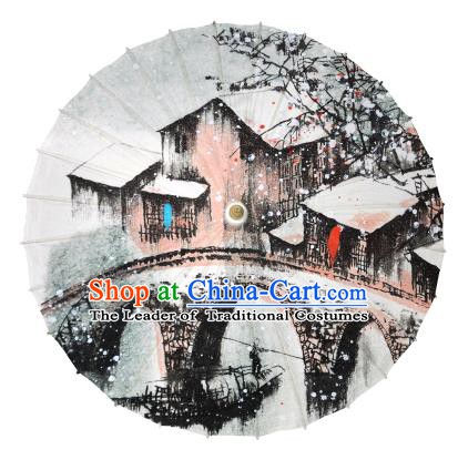 Chinese Handmade Paper Umbrella Folk Dance Painting Jiangnan Winter Scenery Oil-paper Umbrella Yangko Umbrella