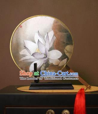 Chinese Traditional Circular Fans Handmade Printing White Lotus Round Fan China Ancient Palace Dance Fans