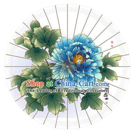 Chinese Traditional Artware Printing Blue Peony Paper Umbrella Classical Dance Oil-paper Umbrella Handmade Umbrella