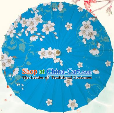 Chinese Traditional Artware Light Blue Paper Umbrella Classical Dance Printing Peach Blossom Oil-paper Umbrella Handmade Umbrella