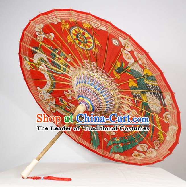 Chinese Traditional Artware Wedding Red Paper Umbrella Printing Dragon and Phoenix Oil-paper Umbrella Handmade Umbrella