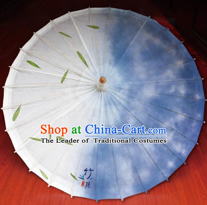 Chinese Traditional Artware Paper Umbrella Printing Bamboo Leaf Blue Oil-paper Umbrella Handmade Umbrella