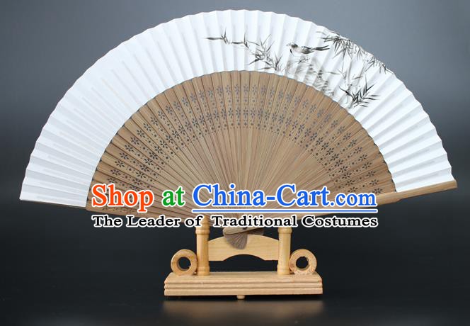 Chinese Traditional Artware Handmade Sandalwood Folding Fans Ink Painting Bamboo Paper Fans