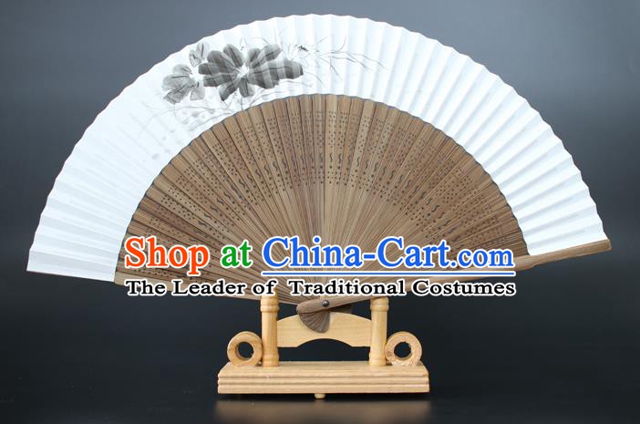 Chinese Traditional Artware Handmade Sandalwood Folding Fans Ink Painting Lotus Paper Fans