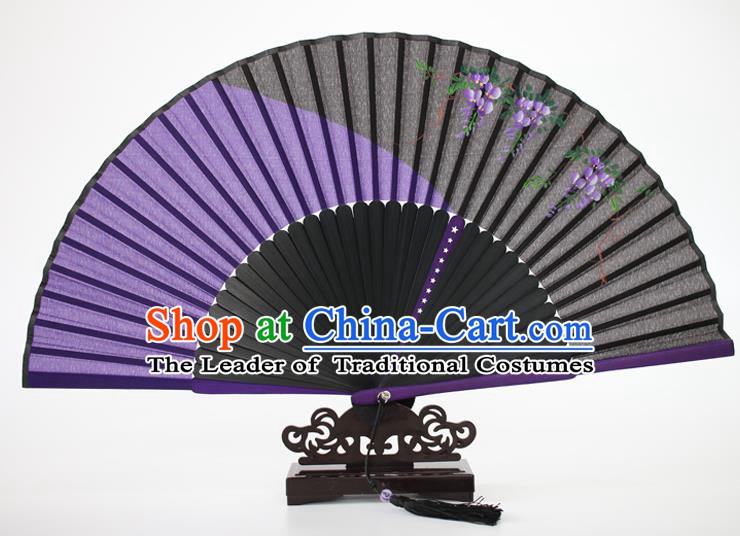 Chinese Traditional Artware Handmade Folding Fans Purple Silk Fans Printing Flowers Accordion