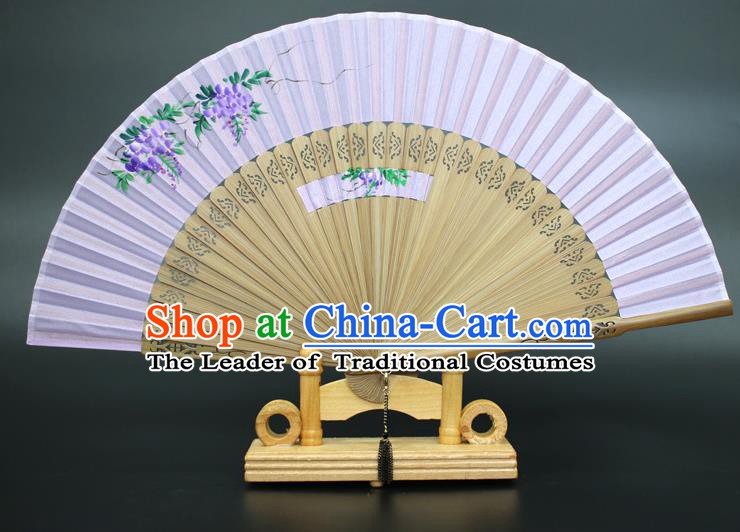 Chinese Traditional Artware Handmade Folding Fans Printing Wisteria Purple Silk Fans Accordion