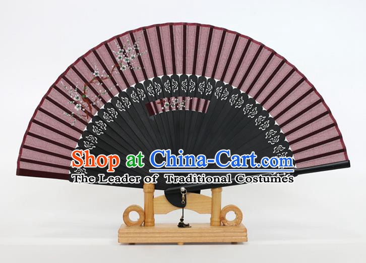 Chinese Traditional Artware Handmade Folding Fans Printing Flowers Amaranth Silk Fans Accordion