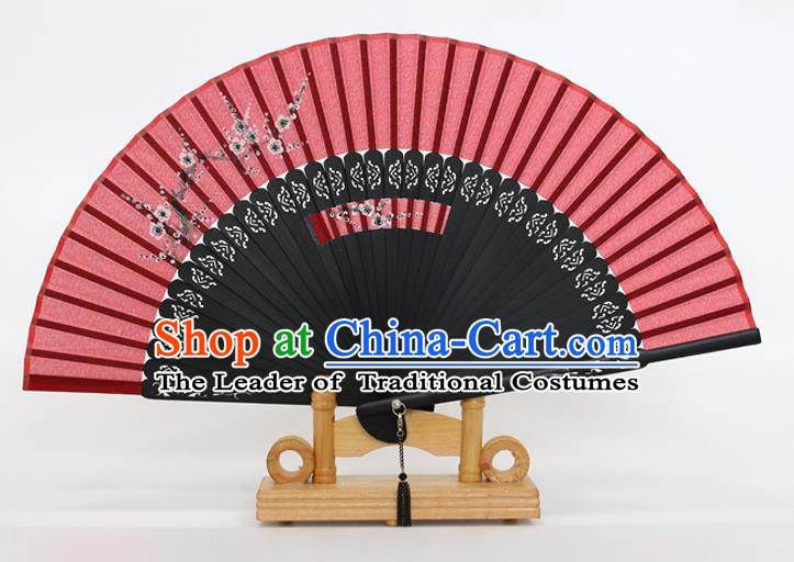 Chinese Traditional Artware Handmade Folding Fans Printing Plum Blossom Red Silk Fans Accordion