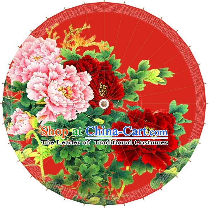 Chinese Traditional Artware Red Paper Umbrellas Printing Peony Wedding Oil-paper Umbrella Handmade Umbrella