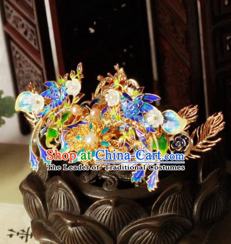 Chinese Handmade Classical Hair Accessories Hairpin Hair Stick Hanfu Blueing Phoenix Coronet for Women