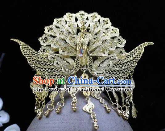 Chinese Handmade Classical Hair Accessories Golden Tassel Phoenix Coronet Hairpins Hair Stick for Women