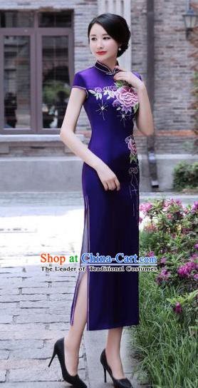 Chinese Traditional Mandarin Silk Qipao Dress National Costume Printing Peony Purple Long Cheongsam for Women