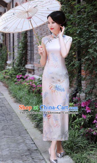 Chinese Traditional Mandarin Silk Qipao Dress National Costume Printing White Long Cheongsam for Women