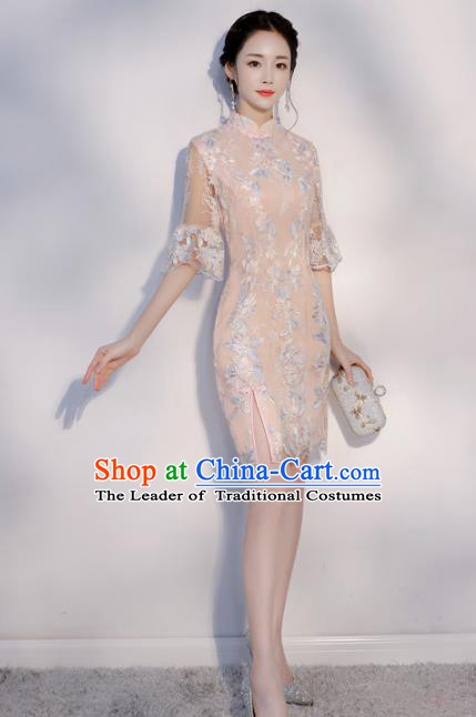 Chinese Traditional Mandarin Qipao Dress National Costume Pink Short Cheongsam for Women