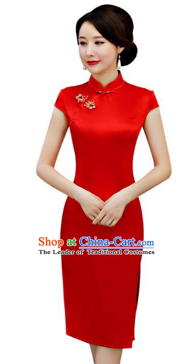 Chinese Traditional Red Silk Mandarin Qipao Dress National Costume Wedding Short Cheongsam for Women