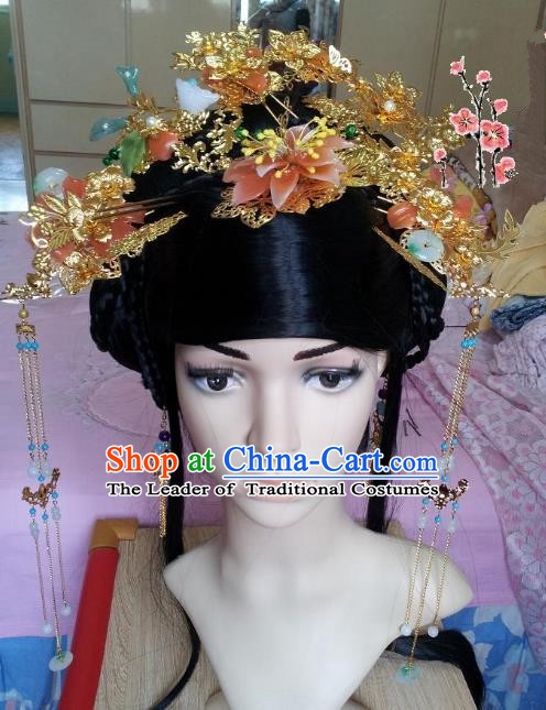 Traditional Chinese Ancient Hair Accessories Golden Phoenix Coronet Hairpins Complete Set for Women