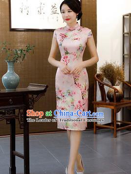 Chinese Traditional Pink Short Mandarin Qipao Dress National Costume Printing Flowers Cheongsam for Women