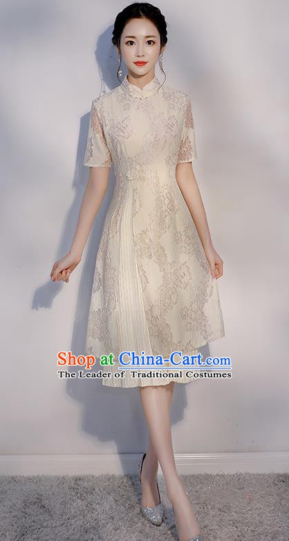 Chinese Traditional Embroidered White Mandarin Qipao Dress National Costume Short Cheongsam for Women