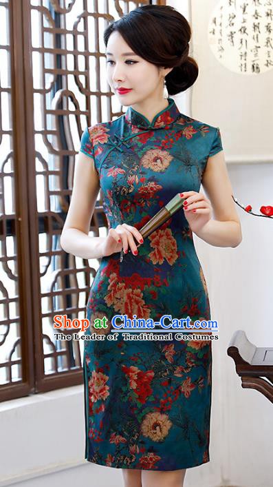 Chinese Traditional Mandarin Qipao Dress National Costume Printing Peony Atrovirens Cheongsam for Women