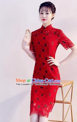 Chinese Traditional Red Lace Mandarin Qipao Dress National Costume Wedding Short Cheongsam for Women