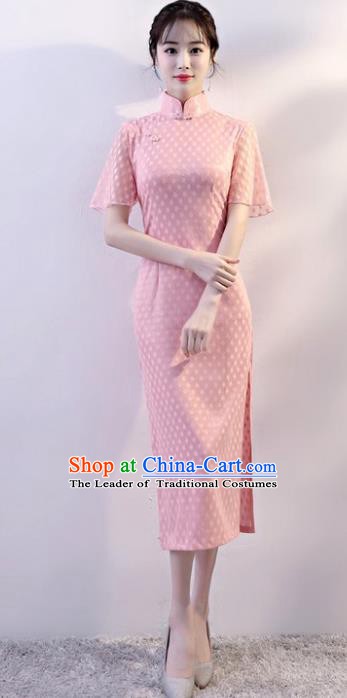 Chinese Traditional Tang Suit Qipao Dress National Costume Pink Mandarin Cheongsam for Women