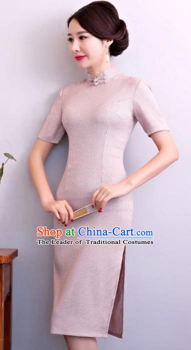 Chinese Traditional Tang Suit Pink Linen Qipao Dress National Costume Mandarin Cheongsam for Women