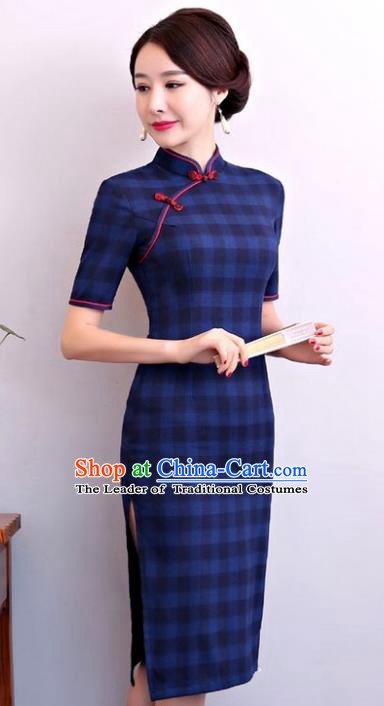 Chinese Traditional Tang Suit Navy Linen Qipao Dress National Costume Mandarin Cheongsam for Women