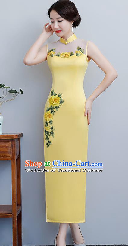 Chinese Traditional Tang Suit Embroidered Peony Qipao Dress National Costume Yellow Silk Mandarin Cheongsam for Women