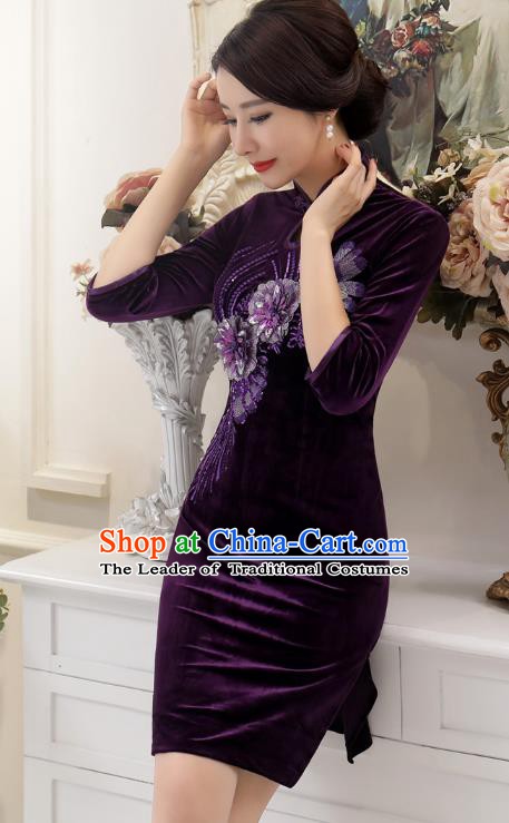 Chinese Traditional Tang Suit Purple Velvet Qipao Dress National Costume Retro Mandarin Cheongsam for Women