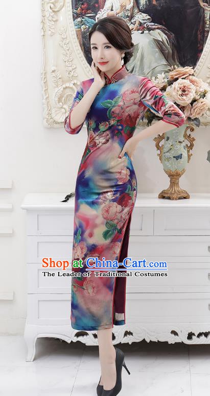 Chinese Traditional Tang Suit Qipao Dress National Costume Retro Printing Mandarin Cheongsam for Women