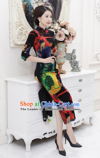 Chinese Traditional Tang Suit Black Qipao Dress National Costume Retro Printing Mandarin Cheongsam for Women