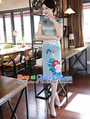 Chinese Traditional Printing Peony Mandarin Qipao Dress National Costume Tang Suit Blue Silk Cheongsam for Women