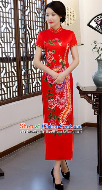 Chinese Traditional Printing Phoenix Peony Mandarin Qipao Dress National Costume Tang Suit Red Cheongsam for Women