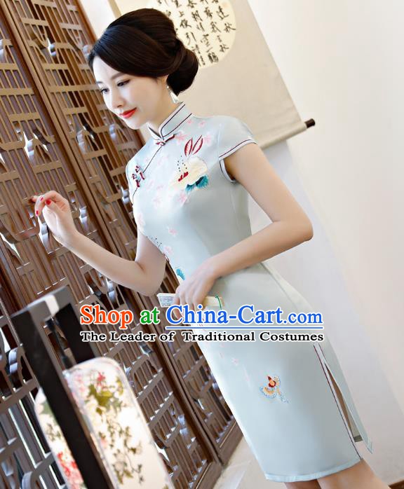 Chinese Traditional Printing Blue Qipao Dress National Costume Tang Suit Mandarin Cheongsam for Women