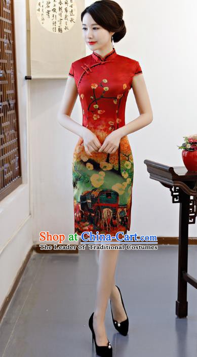 Chinese Traditional Printing Red Qipao Dress National Costume Tang Suit Mandarin Cheongsam for Women