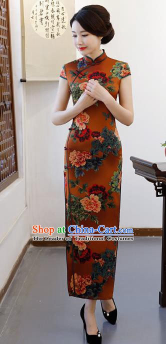 Chinese Traditional Printing Peony Qipao Dress National Costume Tang Suit Mandarin Cheongsam for Women