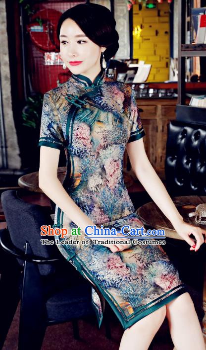 Chinese Traditional Tang Suit Qipao Dress National Costume Printing Green Mandarin Cheongsam for Women