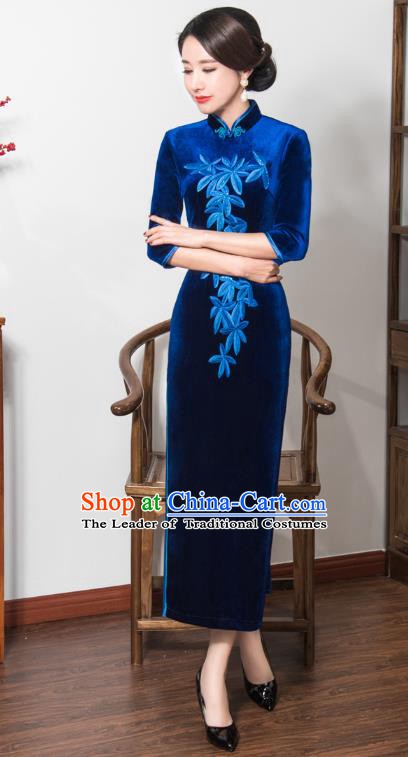 Chinese Traditional Tang Suit Embroidered Qipao Dress National Costume Retro Blue Velvet Mandarin Cheongsam for Women