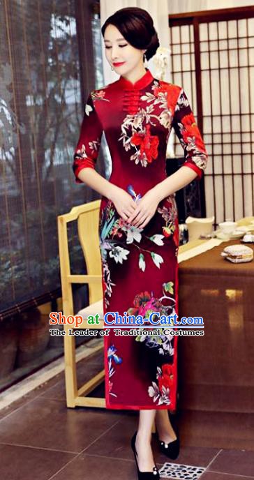 Chinese Traditional Tang Suit Printing Watered Gauze Qipao Dress National Costume Wine Red Mandarin Cheongsam for Women