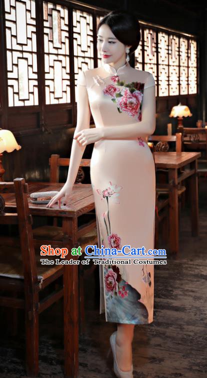 Chinese Traditional Tang Suit Printing Peony Qipao Dress National Costume Pink Mandarin Cheongsam for Women