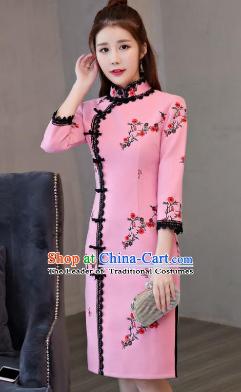 Chinese Traditional Tang Suit Plum Blossom Qipao Dress National Costume Pink Mandarin Cheongsam for Women