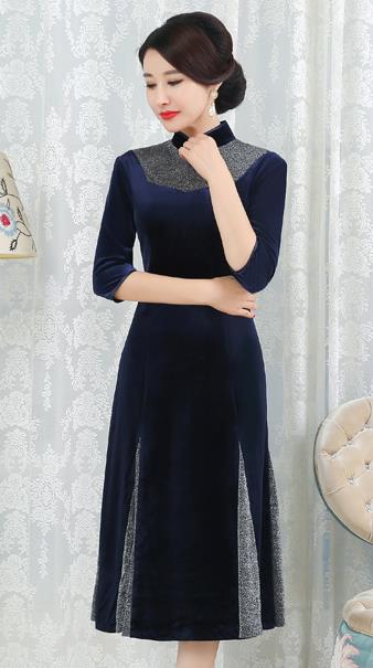 Chinese Traditional Tang Suit Navy Velvet Qipao Dress National Costume Top Grade Mandarin Cheongsam for Women