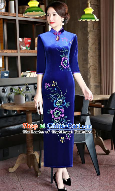 Top Grade Chinese Traditional Blue Velvet Qipao Dress National Costume Tang Suit Mandarin Cheongsam for Women