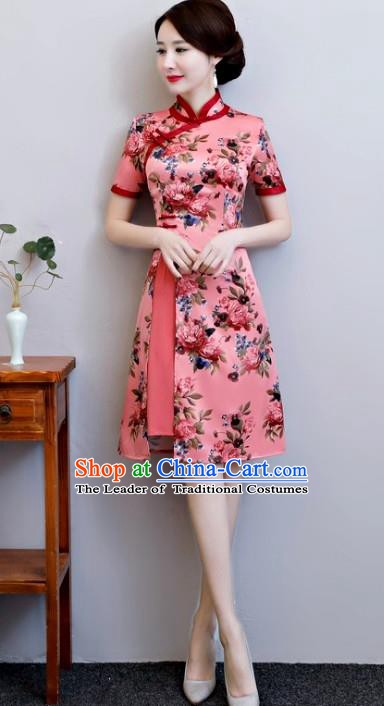 Top Grade Chinese Pink Watered Gauze Qipao Dress National Costume Traditional Mandarin Cheongsam for Women