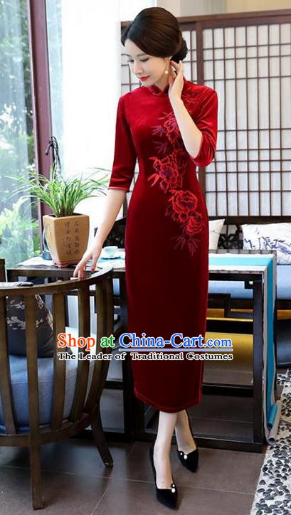 Top Grade Chinese Embroidered Qipao Dress National Costume Traditional Red Velvet Mandarin Cheongsam for Women