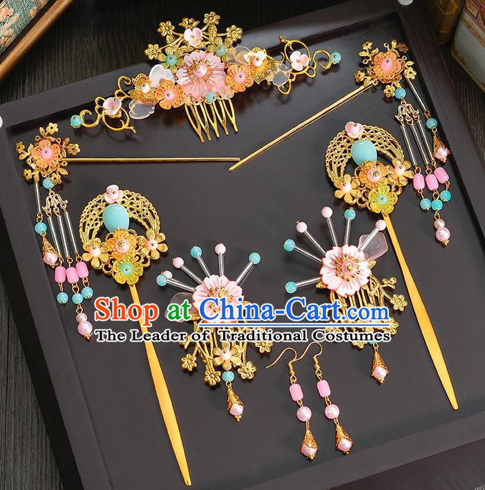 Traditional Chinese Ancient Bride Hair Accessories Xiuhe Suit Golden Phoenix Coronet Hairpins Complete Set for Women