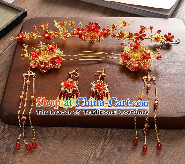 Traditional Chinese Ancient Hair Accessories Xiuhe Suit Bride Phoenix Coronet Red Crystal Hairpins Complete Set for Women