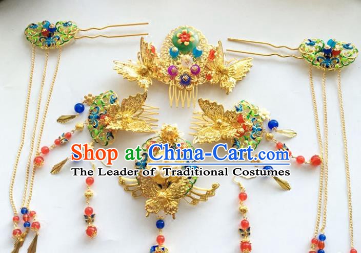 Traditional Chinese Ancient Wedding Phoenix Coronet Hair Accessories Jade Hairpins Complete Set for Women