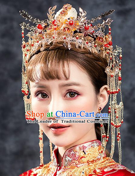 Traditional Chinese Ancient Bride Hair Accessories Xiuhe Suit Hairpins Phoenix Coronet Complete Set for Women